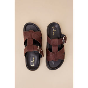 Lulus Surie Chocolate Suede Strappy Flatform Slide Sandals Brown - Size 8
